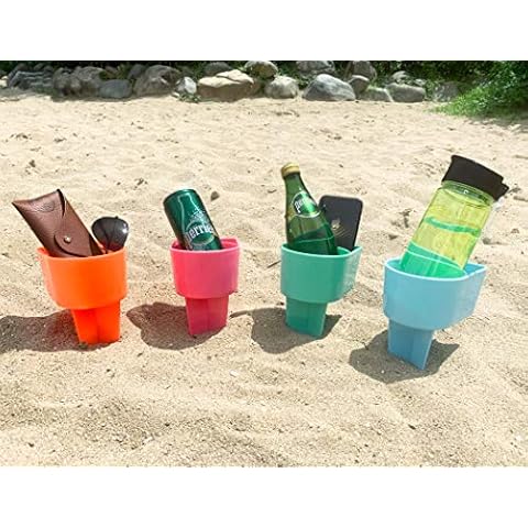 Home Queen Beach Getränkehalter mit Tasche, multifunktionaler Sandbecherhalter für Getränke, Telefon, Sonnenbrille, Schlüssel, Strandzubehör, Getränkesand, Untersetzer, Orange, Blau und Pink) Cover