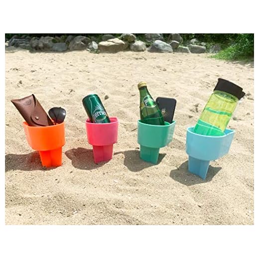 Home Queen Beach Cup Holder with Pocket, Multifunctional Sand Cup Holder for Beverage Phone Sunglass Key, Beach Accessory Drink Sand Coaster, Set of 4 (Teal, Orange, Blue and Pink)