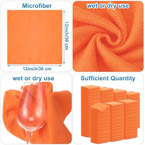 Image of Tenare 100 Pack 12'' x 12'' Microfiber Cleaning Cloths Reusable Cleaning Rags Bulk Microfiber Towels Softer Highly Absorbent Washcloths for House Kitchen Car Window(Orange)