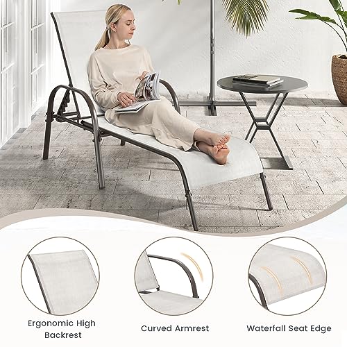 Image of Giantex Set of 2 Patio Lounge Chair, Outdoor Chaise Lounge with 5 Adjustable Backrest, Sturdy Steel Frame, Sunbathing Recliner, Beach Chair, Tanning Chair for Outside, Yard, Balcony, Pool Chairs, Grey