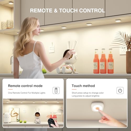 Image of Rechargeable Mini Puck Lights with Remote Control, Ultra-thin Tap Light with Adjustable Brightness (10%-100%) & 3 CCT (3000K /4000K /6500K), Perfect for Hallway, Stairway, Closet(6 Pack, White)