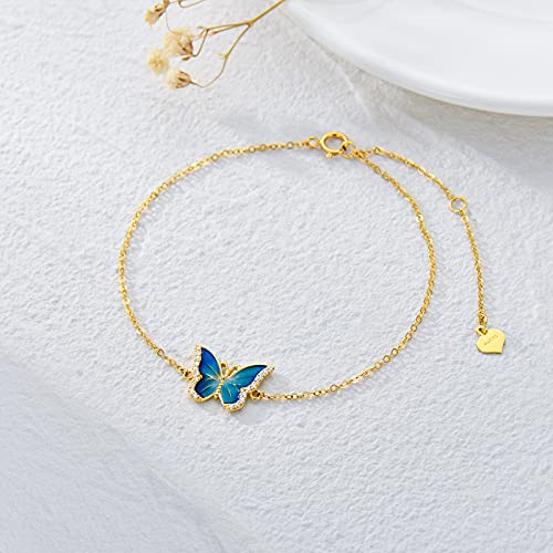 SISGEM Real 14k Gold Blue Butterfly Bracelet for Women, Solid 14 Karat Gold Animal Lover Wrist Jewelry Gifts for Her, 6.8-8.43