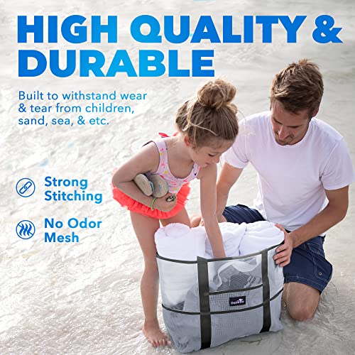 Dejaroo - Mesh Beach Bag, Lightweight Mesh Tote Bag With 8 Pockets For Vacation Essentials, Foldable Beach Bag For Travel, Beach Travel Essentials, 16.5 X 8.5 X 15 Inches, White With Gray Straps #TOP4