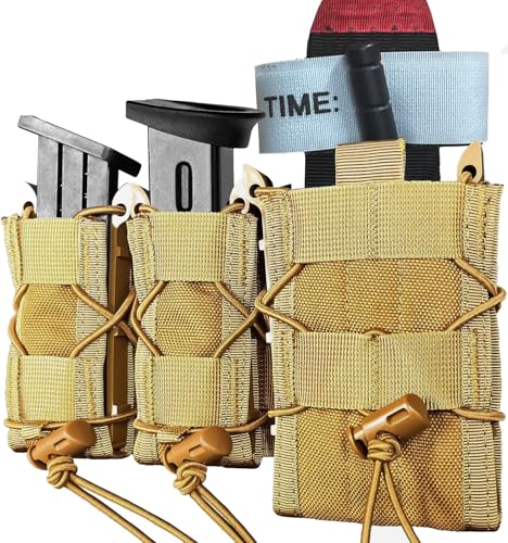 Lyska Molle Tourniquet/TQ Holder Pouch, Rifle & Pistol Magazine Holster Combo, Universal Quick-Release Mag Carrier for AR/Glock /.40 Cal / 45 ACP/TQ (Tan)