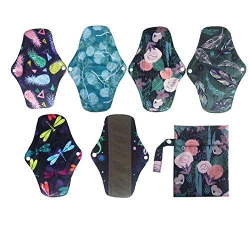 6 Compresas menstruales reutilizables de tela de fibra de carbón de bambú. 25,4 cm de largo. Lavables a máquina. Incluye bolsa de lavado NMC10-6-01