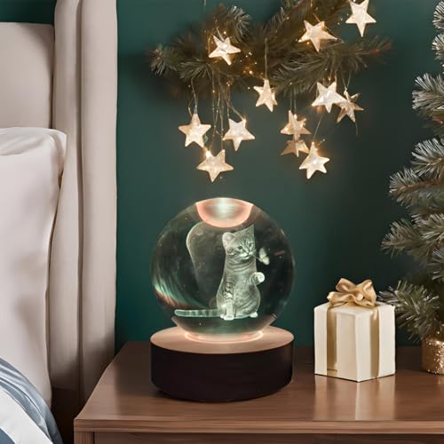Image of 3D Crystal Ball 3.15 inch / Wooden USB Switch Base with LED Gradient Color Lights /Cat Lover Gift Women's 3D Crystal Ball Theme Gift,Christmas