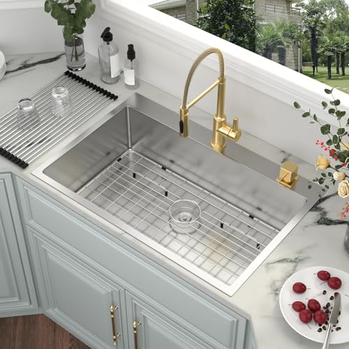 Image of Kichae 33 Drop In Kitchen Sink - 33x22 Kitchen Sink Drop in Topmount Single Bowl 16-Gauge Stainless Steel Drop Sinks Round Corner Basin With Rack & Stainless Steel Sink Grid