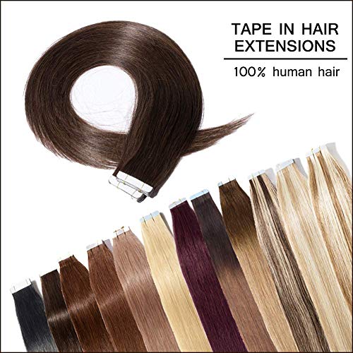 Dark Brown Tape in Human Hair Extensions 18inch 40pcs 100g Remy Straight Human Hair Seamless Skin Weft Extensions (18'' #2)+ 20pcs Free Tapes