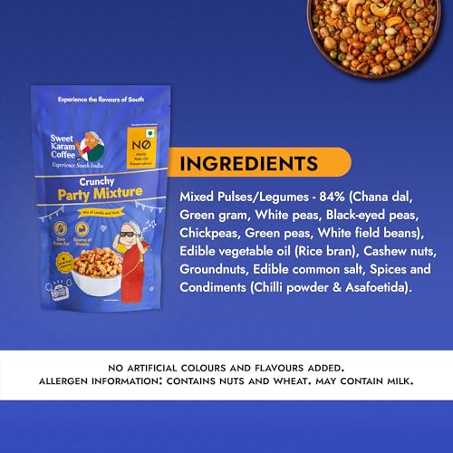 Image of SWEET KARAM COFFEE Crunchy Party Mixture Pack of 6 (95G each)|No Palm Oil or Preservatives|Spicy,Traditional Navadhanya Namkeen|Crispy Tea-Time Snack|Perfect For Gifting & Festive Celebrations