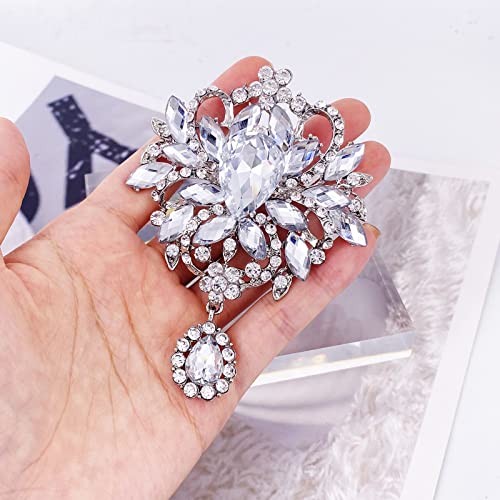 Image of LAXPICOL Wedding Bridal Big Brown Crystal Rhinestone Bouquet Brooch Pin for Women Golden Tone