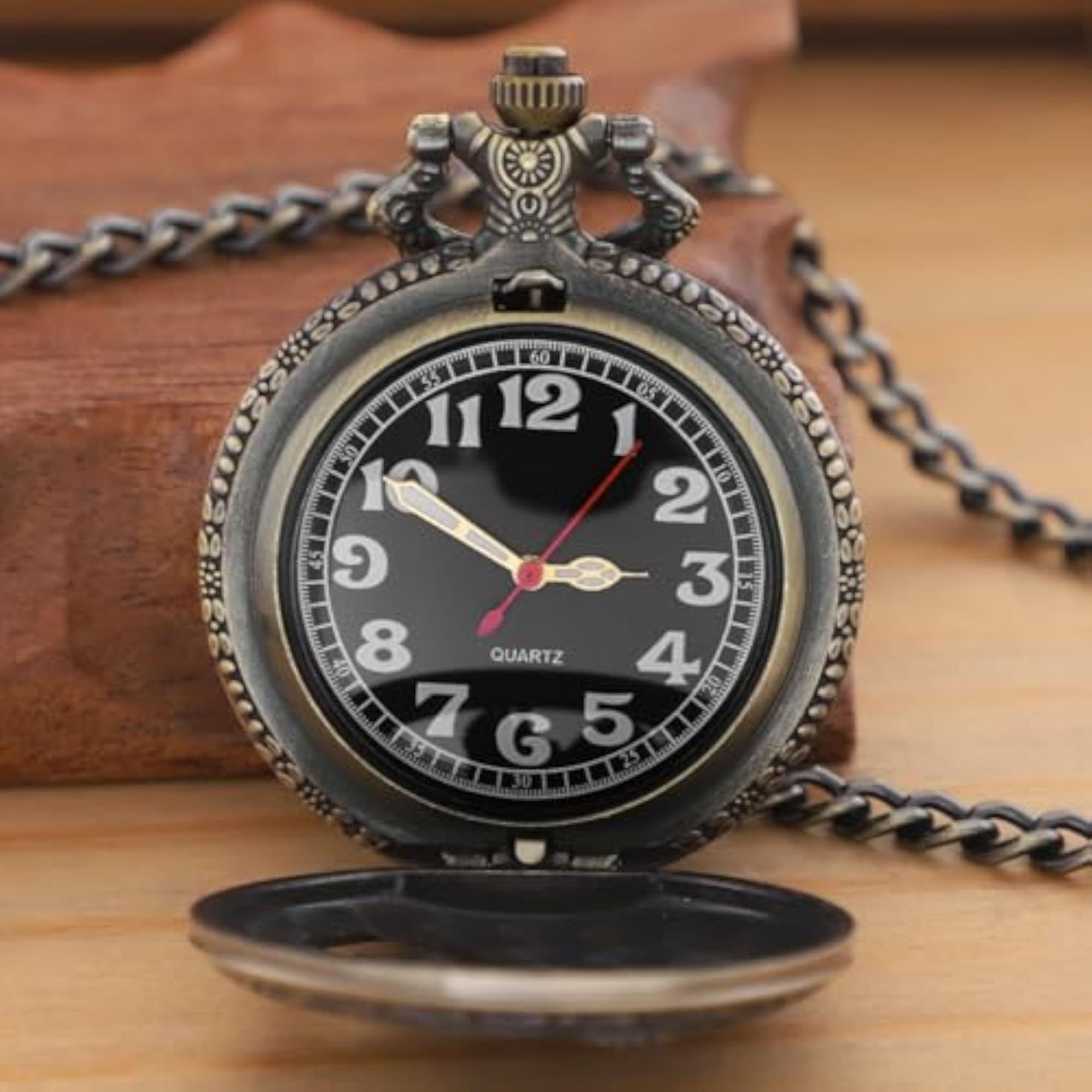 Bronze Hollowed Out Eagle Quartz Pocket Watch with Chain, Gift for Him