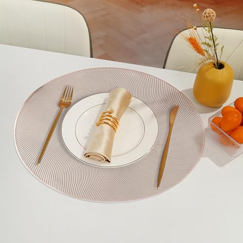 Image of Yellow Weaves 6 Pcs PVC Round Table Placemats, Dining Table Mat, Stain Resistant, Anti-Skid, Waterproof, Washable, Dining, Kitchen, Restaurant Table Set Easy to Clean, Durable (Spiral Rose Gold)