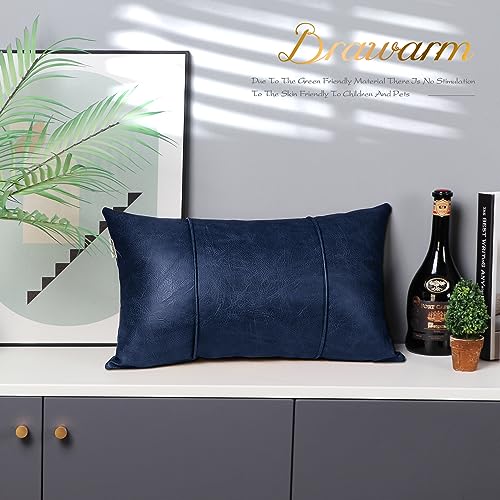 Image of BRAWARM Navy Blue Leather Throw Pillow Covers 12 X 20 Inches - Faux Leather Lumbar Pillow Cover with Piping, Hand Stitched Leather Throw Pillow for Couch Sofa Bed Living Room Home Decorative