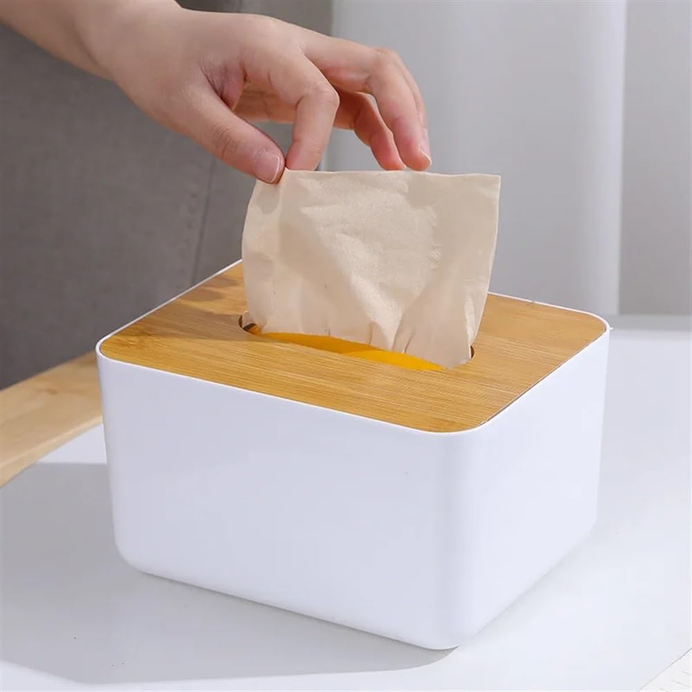 Tissue box holder,tissue dispenser,Plastic Tissue Box Wooden Lid Round/Square Napkin Holder Container Wet Tissue Paper Dispenser Case Home Car Organizer(Square)