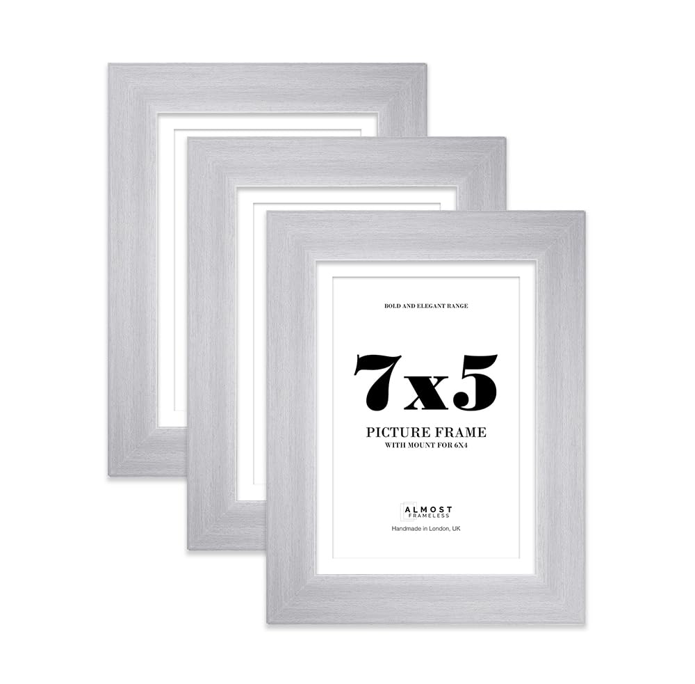 7x5" Silver Frame With Mount for 6x4" Pictures 28mm Edge Portrait and Landscape Display with Wall Hooks and Kickstand, 3 Pack