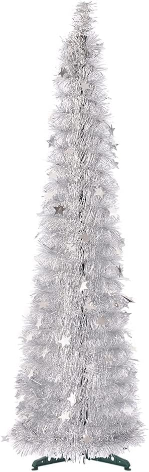 CCINEE 5FT Christmas Tinsel Tree Collapsible Stand Easy-Assembly Silver Tinsel Xmas Tree for Holiday Party Home Office Store Classroon Decoration