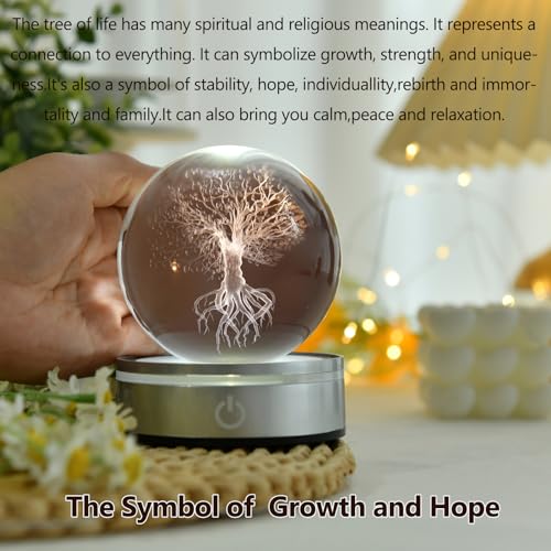Image of IFOLAINA Tree of Life Crystal Ball with Lighted Base Laser Engraved Glass Ball Tree of Life Night Light Decorative Globes 3D Crystal Plant Sphere Gifts for Her Birthday