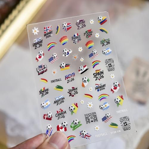 Image of Soccer Nail Stickers World Cup Flag Nail Decals Football Nails Stickers with Rainbow Design 5D Self Adhesive Patriotic Nails Charms Supply for Women DIY Manicure Decoration