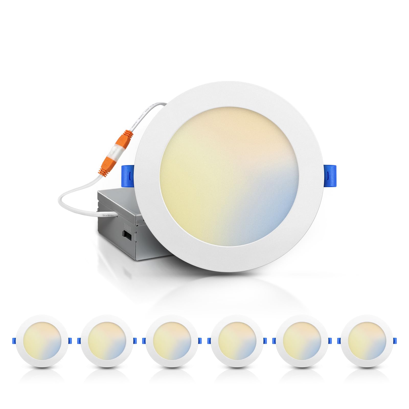 ECOELER - Zestaw 6-calowych ultracienkich diod LED 5CCT wpuszczanych ze skrzynką przyłączeniową, 2700 K / 3000 K / 4000 K / 5000 K / 6000 K do wyboru, 12 W, 1100 lm, możliwość przyciemniania