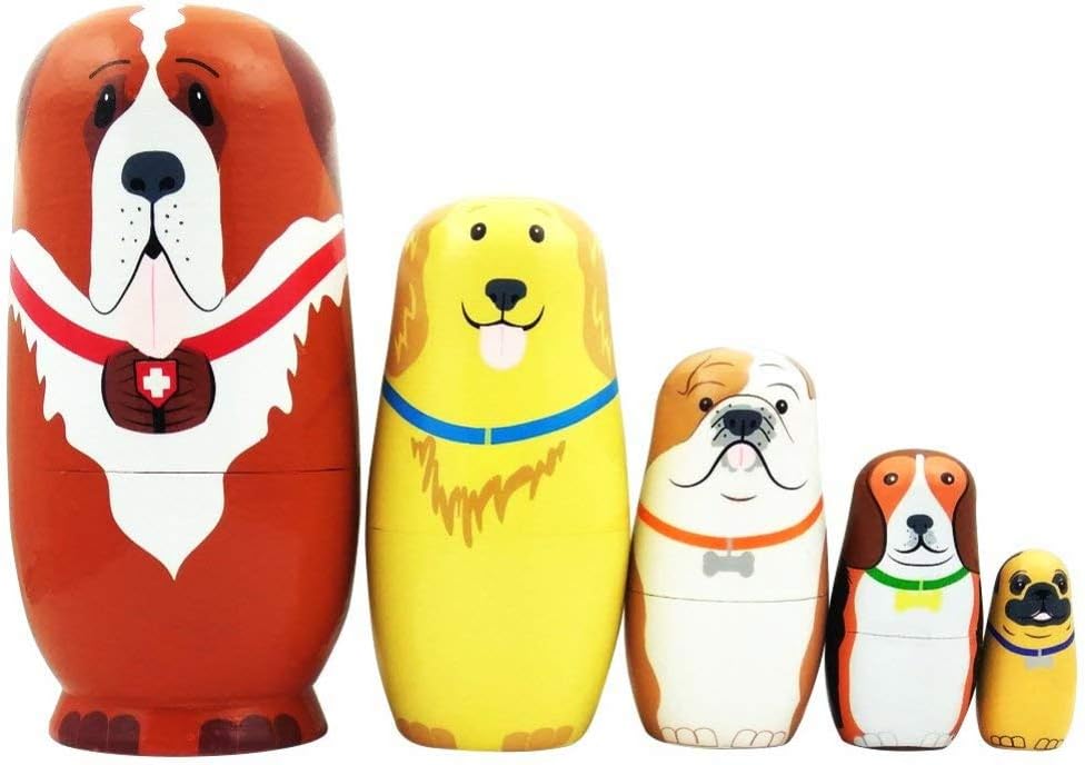 SDLZ9ky 5Pcs/Set Cute Cartoon Dog Russian Nesting Dolls Matryoshka Wooden Handmade Toy 15cm x 5.6cm