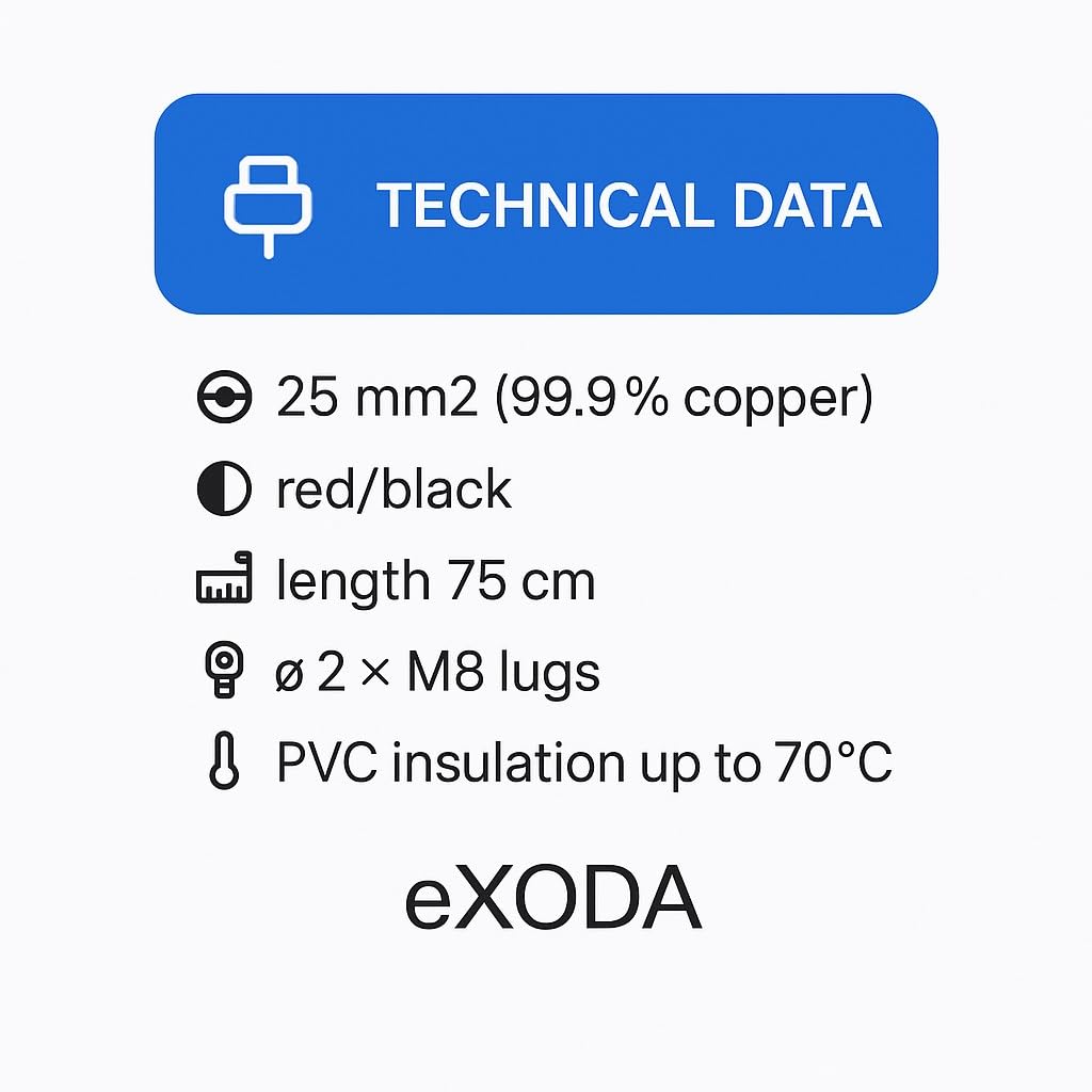 eXODA set di cavi per batterie 25 mm² 75cm M8 terminali rossi neri flessibili alta qualità da Germania per auto barca moto prestazioni durevoli fino a 2688 Watt 224A