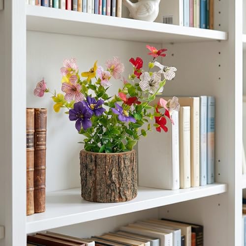 Image of Dekorly Artificial Multi Colour Fern Daisy Flower with Real Wooden Vase (28CM Overall Height) | Decorative Lifelike Faux Floral Plant in Rustic Tree Log Pot for Living Room(Daisy Fern)