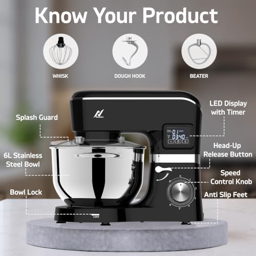 Image of NexLev Stand Mixer | 2000W Copper Motor Dough Maker Machine with Digital Timer, 6L Stainless Steel Bowl, 6 Speed + Pulse Control, Metal Gears, Planetary Rotation, Teflon Coated, ST-02