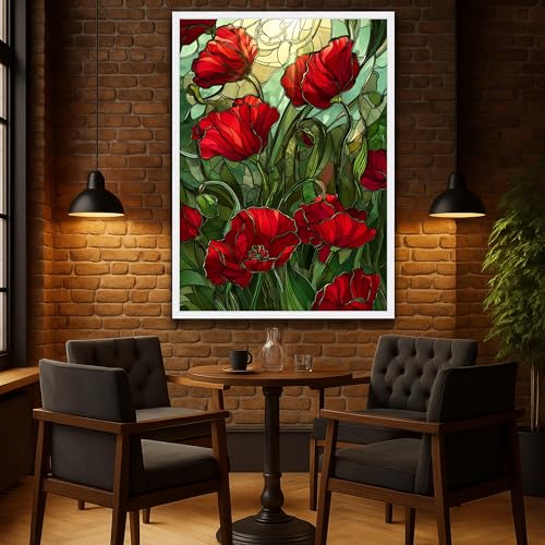 Toile fleurs rouges peinture artistique sur toile effet vitrail décoration haut de gamme