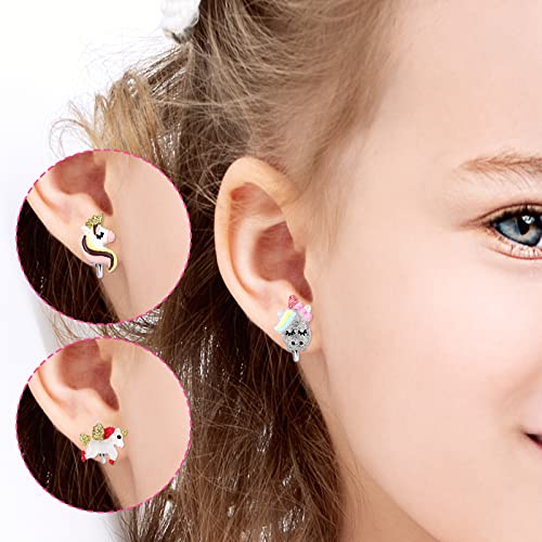 Unicorn Clip On Earrings for Little Girls, Bling Flower and Cat Earrings, Toddler Girls Dress Up Jewelry, 6 Pairs, Best Gift-B 5
