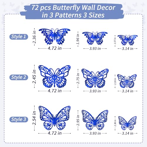 72 piezas de decoraciones de mariposas azules 3D para pared miniatura 2