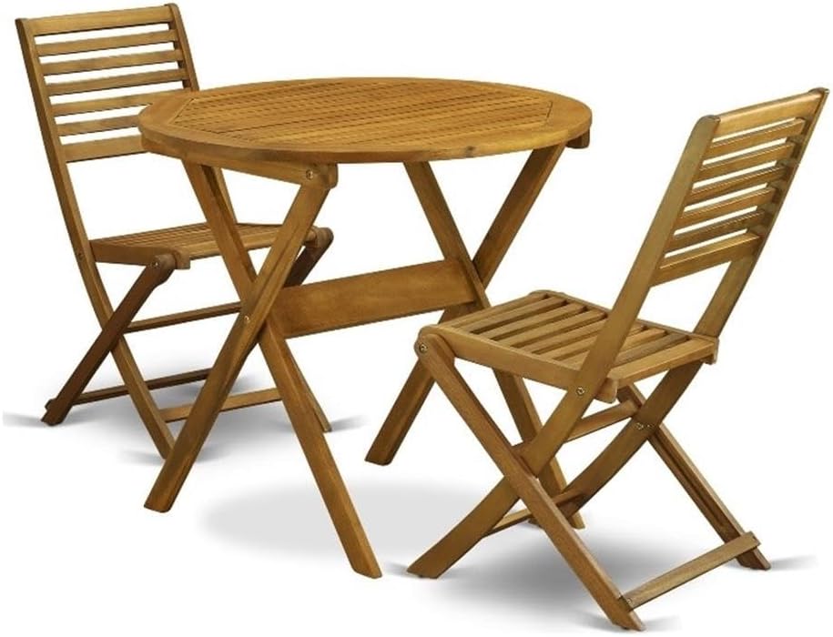 Pemberly Row Folding Patio Dining Set, Acacia Wood, Natural Oil Finish, Round Table 30", 2 Folding Ladder-Back Chairs, Compact Outdoor Furniture for Balconies, Porches, or Garden Nooks
