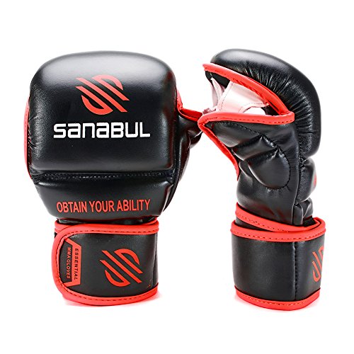 Sanabul New Item Essential 7 oz MMA Hybrid Sparring Gloves (Black/Red, Small/Medium) Sanabul New Item Essential 7 oz MMA Hybrid Sparring Gloves (Black/Red, Small/Medium)