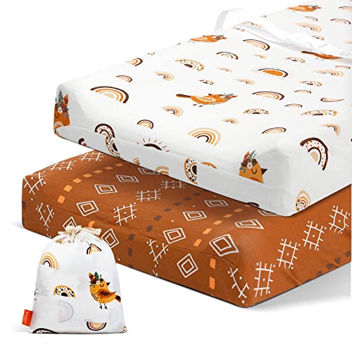 Image of Besrey 2 Packs Bassinet Sheets Fitted for Baby Boy and Girl, with a Storage Bag, Jersey Cotton Baby Bassinet Sheet for Bassinet Mattress (Boho Style, Changing Pad)