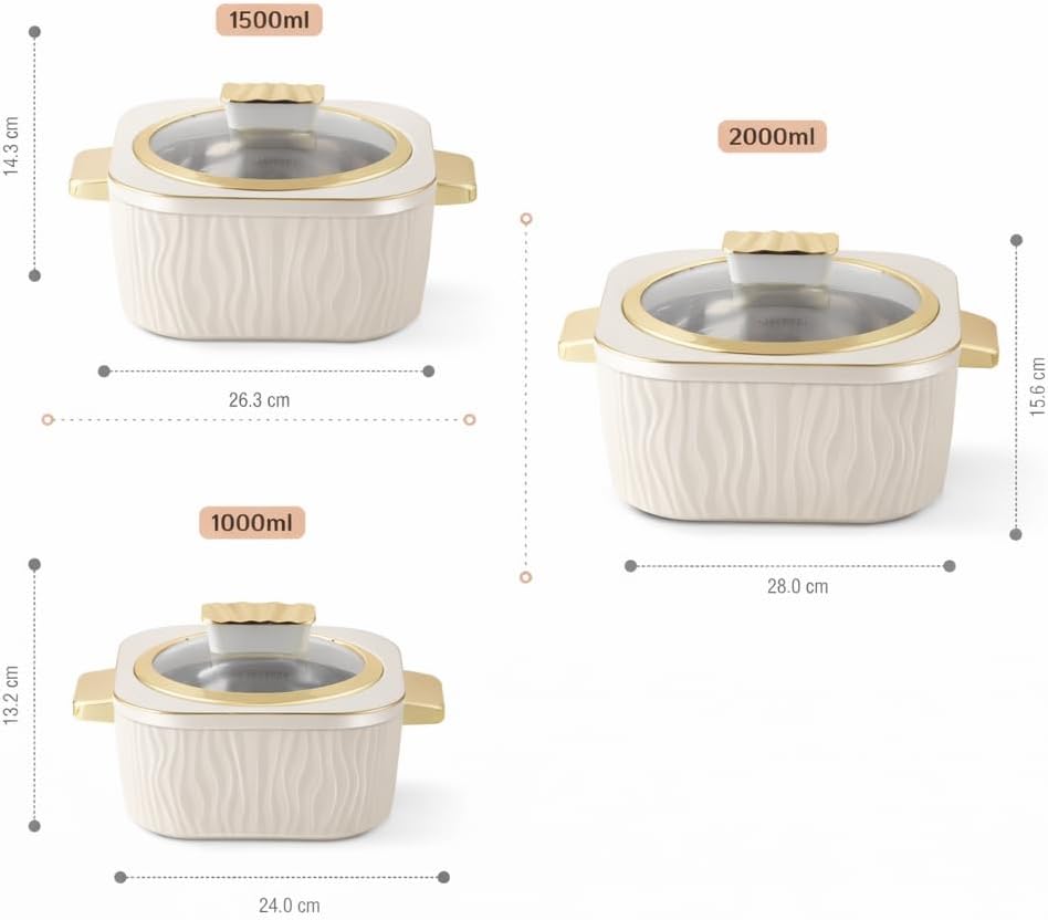 Crinkle Klass Inner Stainless Steel Casserole Set of 3(1000+1500+2000) ml PUF Insulated Gold Finish Handle Lockable Lid BPA Free Hot Box for Kitchen Roti Box Hot Pot Serving Casserole,White