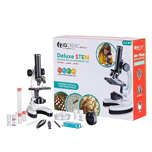 IQCrew by AmScope Kids Beginner Microscope STEM Science Kit for Students w/Premium Optics, All Metal Frame, and 55+ pc Accessory Set w/Slides, Tools, Experiment