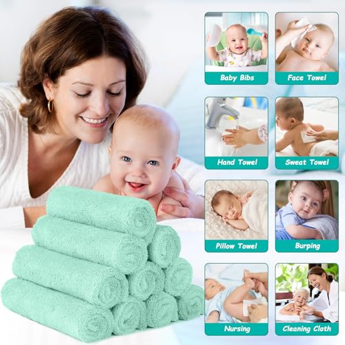 Image of HOMEXCEL Baby Washcloths 12 Pack-Microfiber Coral Fleece Baby Bath Face Towel 7 x 9 Inch Extra Absorbent Soft Burp Cloth and Wash Cloths for Newborn-Infants and Toddlers,Green