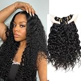 Tissage Naturel Cheveux Humain Bouclé Water Wave Bundles Human Hair Tissage Bresilien Bouclé lot 3 (14 16 18 Pouces) Meche Bresiliennes Noir 100g/pc(Total 300g)