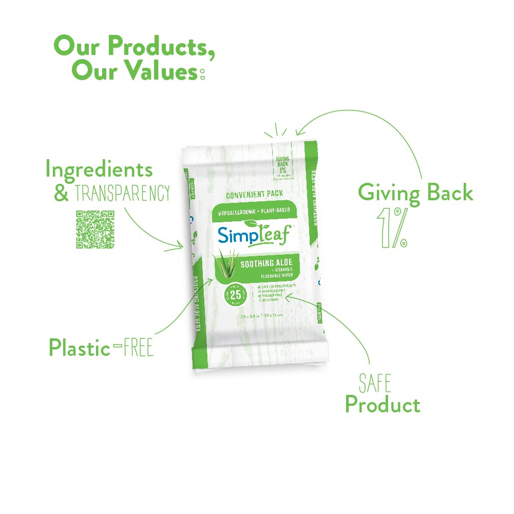 Simpleaf Flushable Wet Wipes Aloe Vera| Eco-Friendly, Paraben & Alcohol Free | Hypoallergenic & Safe for Sensitive Skin | Soothing Aloe Vera Formula | (16 x 25 Counts Convenient Pack) 400 Counts Total