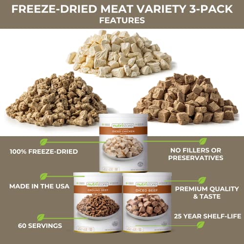 Nutristore Freeze Dried Beef Dices | Pre-Cooked Meat for Backpacking, Camping, Meal Prep | Long Term Survival Emergency Food Supply | 25 Year Shelf Life | Bulk #10 Can | Made in USA (Variety 3-Pack)