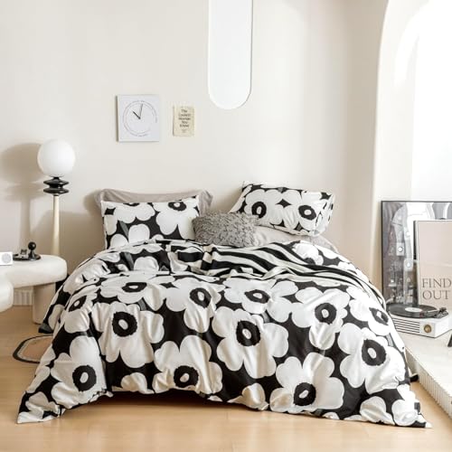 TMMDH Funda Nordica Cama 105 - Microfibra Suave Transpirable Juego de Funda de Edredón Negro Blanco Flor Imprimir 155x220 cm y 2 Fundas de Almohada de 50x75 cm