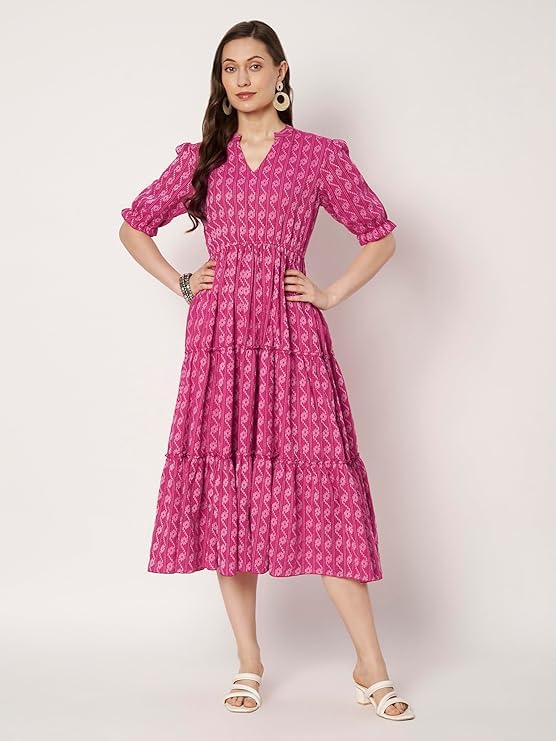 Image of PIDAVLIYA'S Women's Floral Summer Maxi Dress I Cotton Printed I One Piece Bodycon Midi Dress with V-Neck, Puffed Sleeves