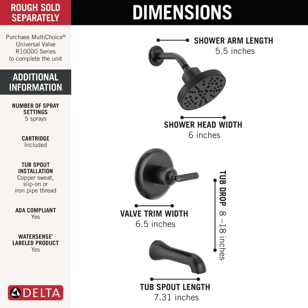 Delta Bonacci 14 Series H2Okinetic Bathtub and Shower Faucet Set, Matte Black Shower Head and Handle Set, Valve Trim Kit, Matte Black T14445-BL (Valve Not Included)