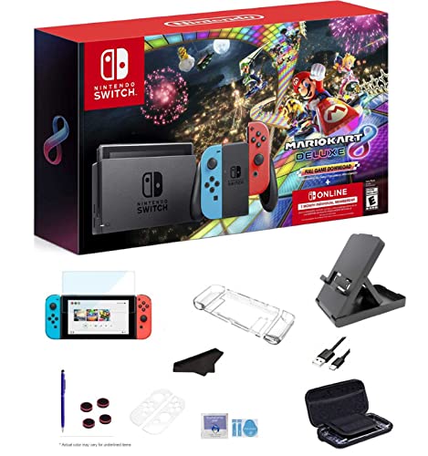Nintendo Newest Switch 32GB Console, Neon Blue and Red Joy-Con, Mario Kart 8 Deluxe(Download),3-Month Switch Individual Membership,Extra External 64GB Storage,and GalliumPi Ultimate 18-in-1 Bundle