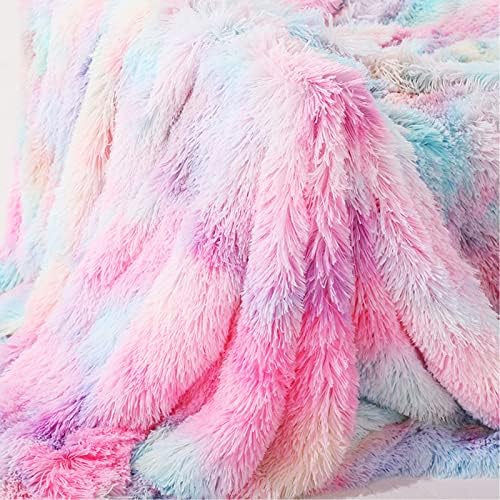 Janzoom Fluffy Throw Blanket, Super Soft Long Plush Bedspread Blanket, Shaggy Shawl Blanket, Warm Double Sided Faux Fur Cozy Fluffy Blanket for Bed Couch Sofa (Rainbow, 130x160cm)