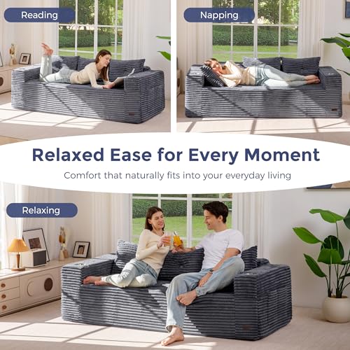 Image of MAXYOYO 79 inch Oversized Boneless Loveseat Sofa Couch for Small Spaces, Mini Love Seat Floor Couch with Cup Holders and Pillows, 3-Seater Upholstered Cloud Couch for Bedroom, No Assembly Required