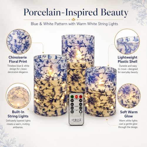 Image of Blue and White Flameless Pillar Candles, 3 Pack, Remote Timer