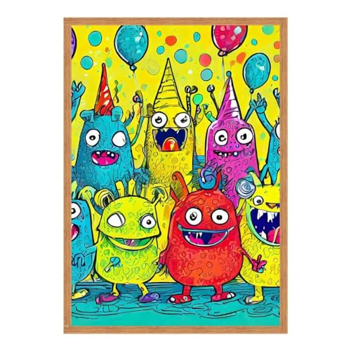 GAEKKO Tableau mural « Adorable monstres Party – Réunion de créatures colorées avec contours clairs » sur tableau photo avec cadre photo 40 x 60 cm