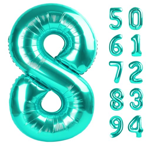 Image of Teal Blue 8 Balloon, Number Balloons 40 Inch, 8th Birthday Decorations, Birthday Balloons, Teal Blue Party Supplies, Number 8 Balloon