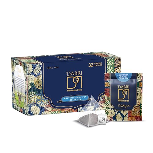 Image of Dabri Blue Flower Butterfly Pea Green Tea 32 pyramid Dip Tea Bags|Natural Loose Leaves with Blue Flower Herbal Blend|Farm Fresh|Rich Antioxidants|Helps Regulate Blood Sugar|Supports Hair, Skin Health