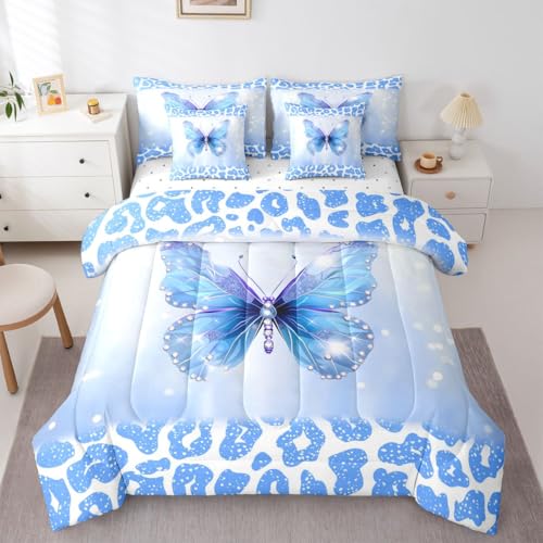 Image of Feelyou Cute Butterfly Comforter Set with Sheets 7 Piece Twin Size Leopard Print Bed in a Bag Kids Boys Girls Butterflies Print Bedding Set Glitter Dreamy Princess Soft